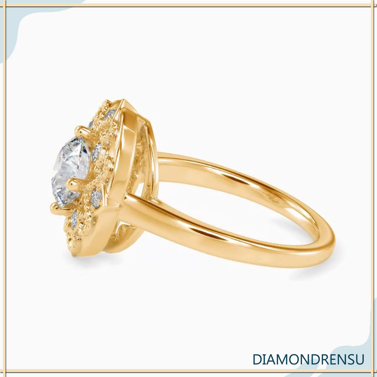 Lab grown diamond ring with milgrain detail and Art Deco design.
