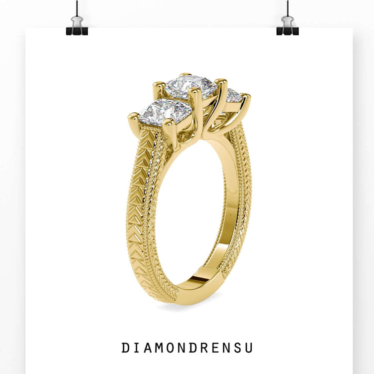 Rose gold engagement ring featuring milgrain details.
