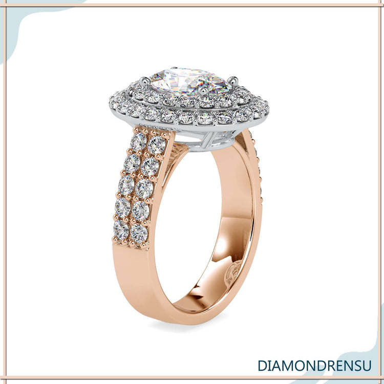 Double row pave band with oval diamond and four prong mount.
