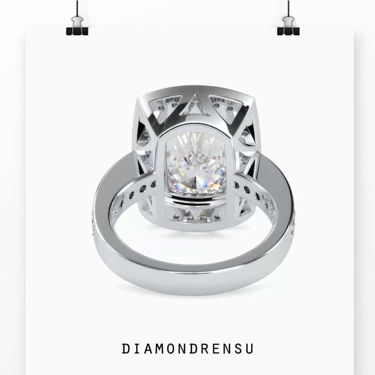 Buy diamond ring in UK with pave band and halo setting.
