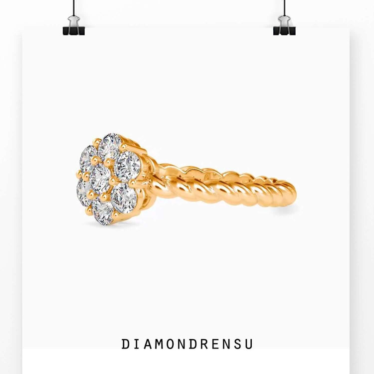 Lab grown diamond ring with twisted band and round centre stone.
