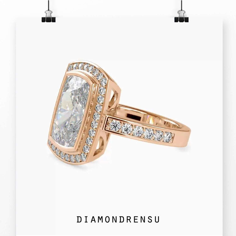 Pave setting ring with round cut and halo accent.
