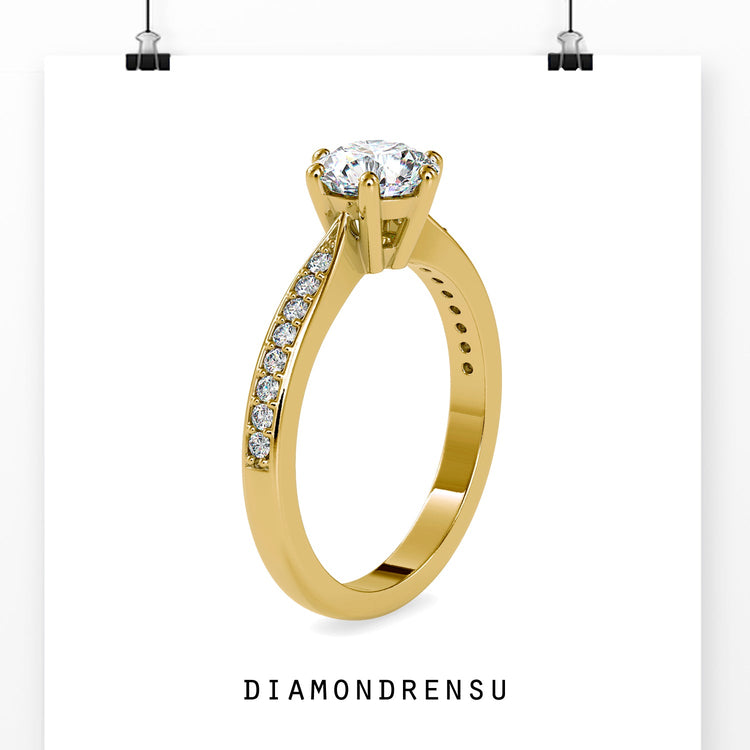 Lab grown diamond engagement ring with tapered band style.
