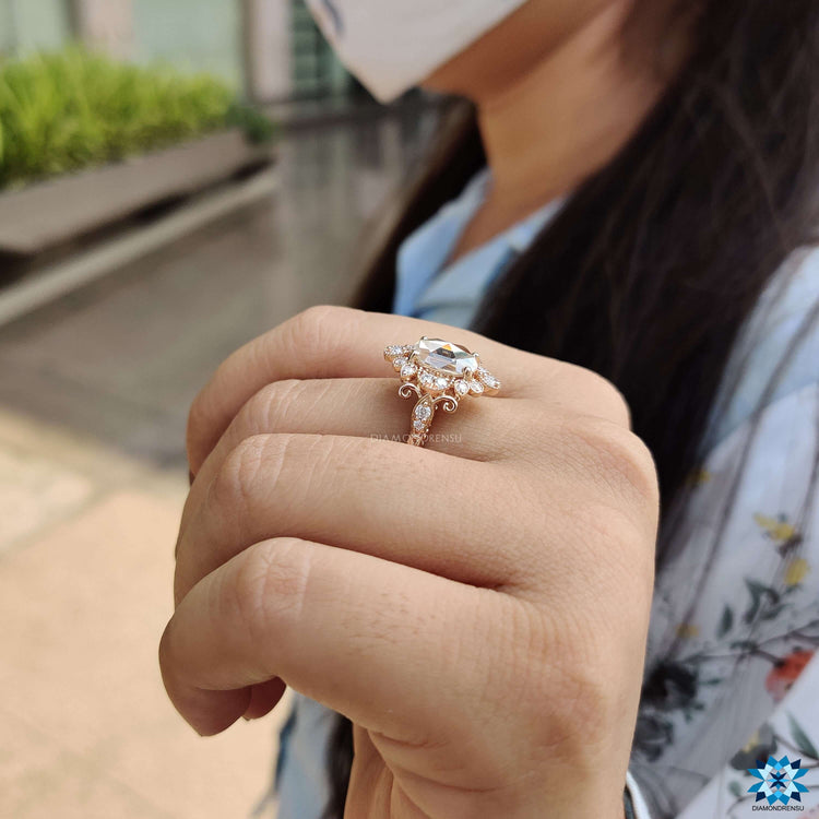 Handmade moissanite engagement ring with floral style.
