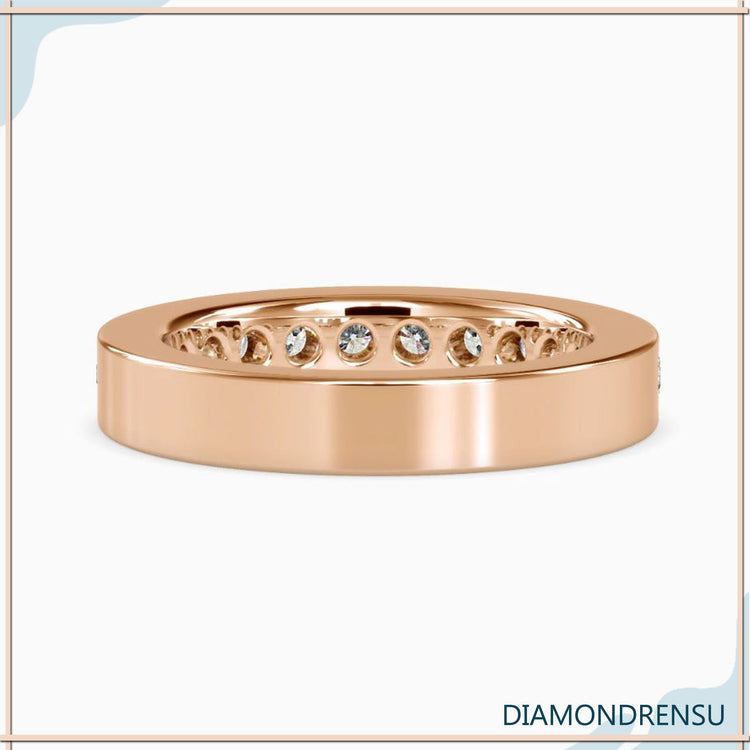 Lab grown diamond band with round cut channel stones.
