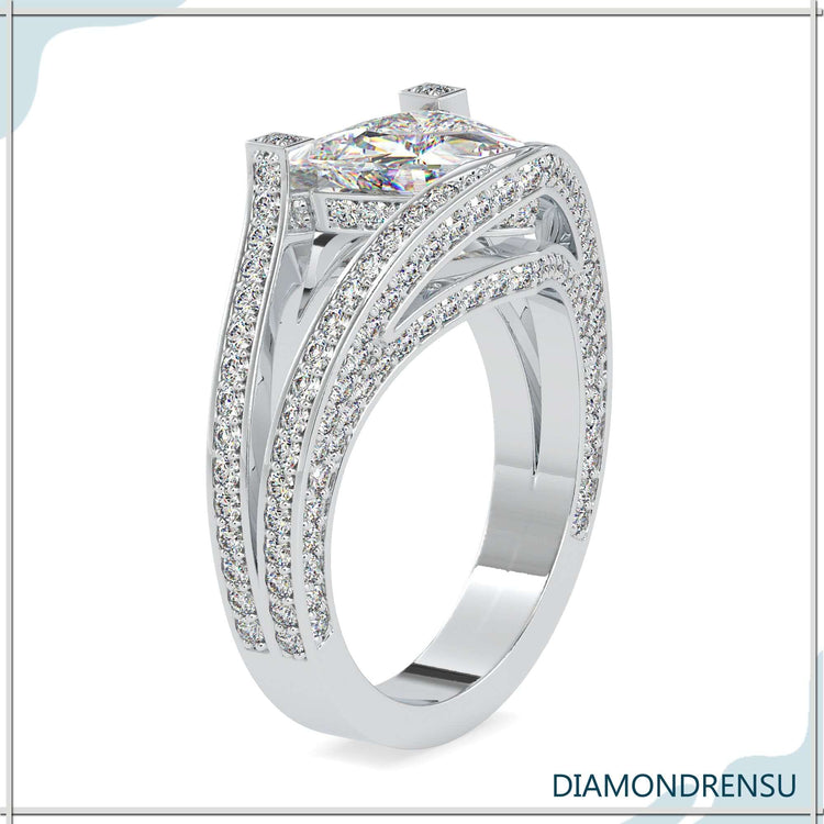Unique engagement ring with multi row pave details.
