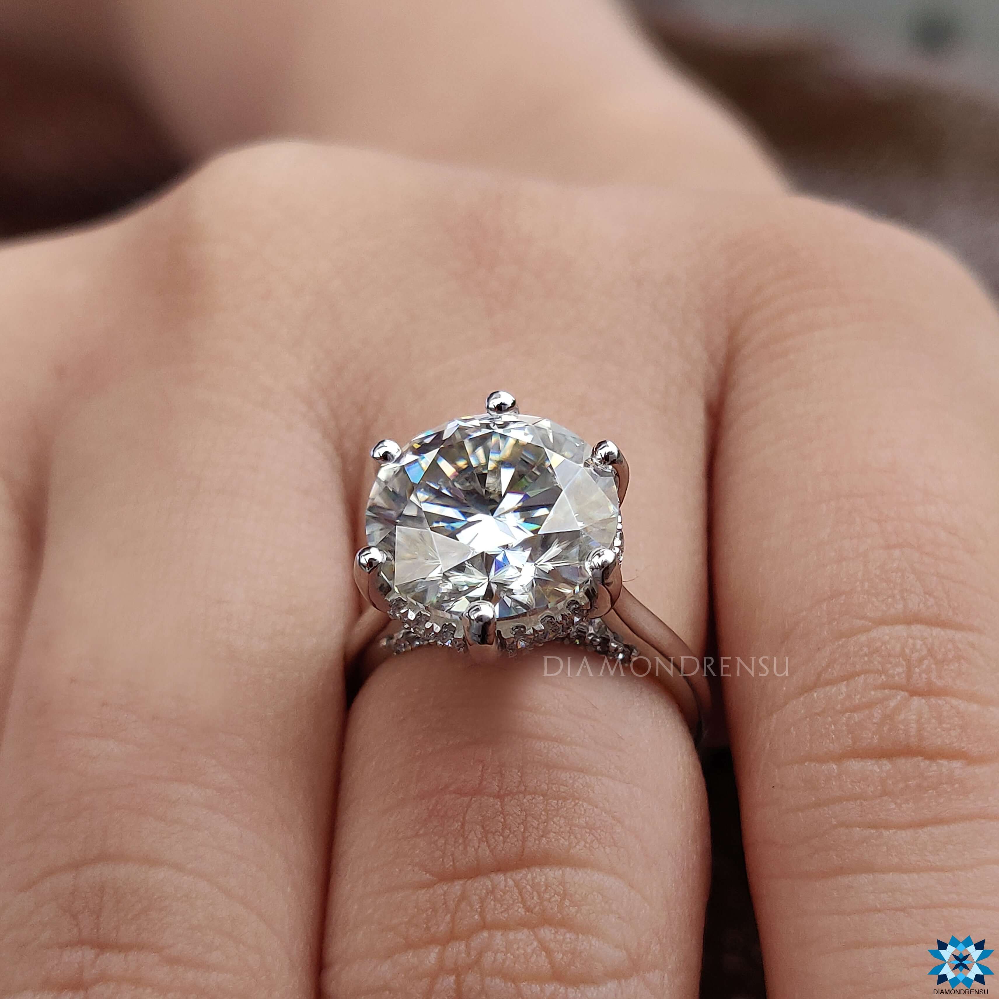 Euro shank ring featuring a hidden halo moissanite ring for added brilliance.