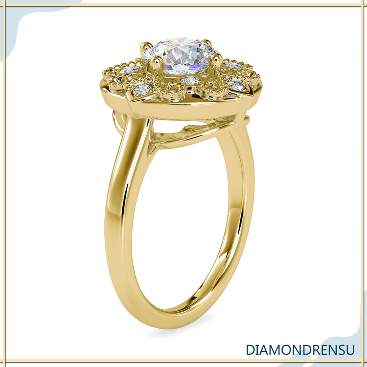 Handmade antique ring with round cut centre and yellow gold band.
