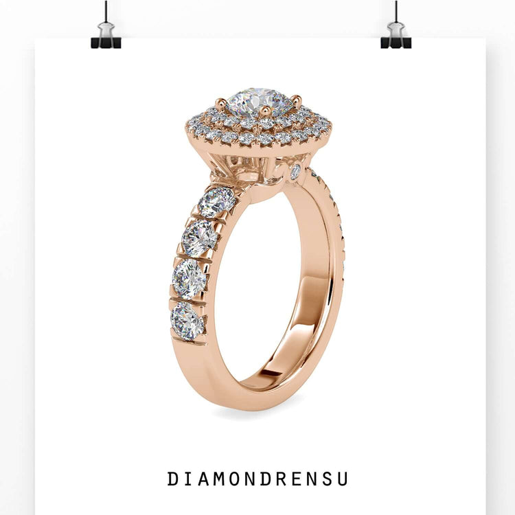 Yellow gold halo ring with peekaboo round hidden accent.

