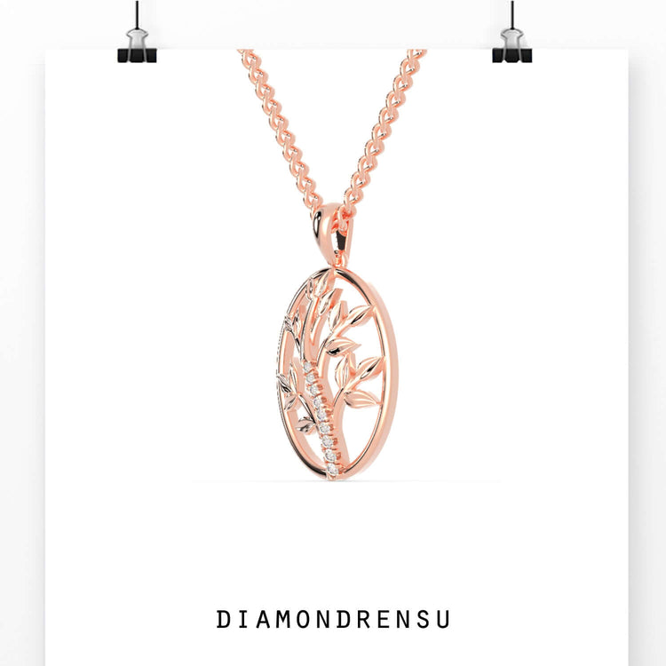 Lab grown diamond tree life pendant in elegant rose gold.
