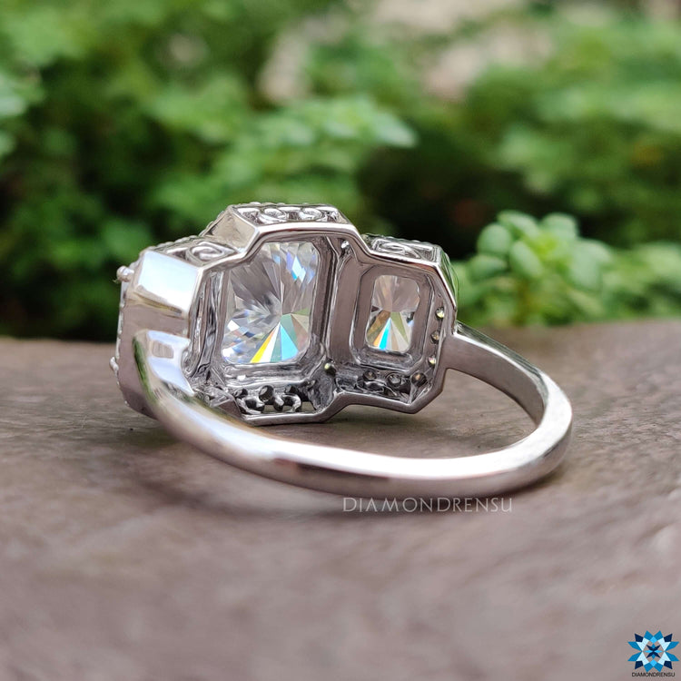 Handmade radiant moissanite ring in prong setting.
