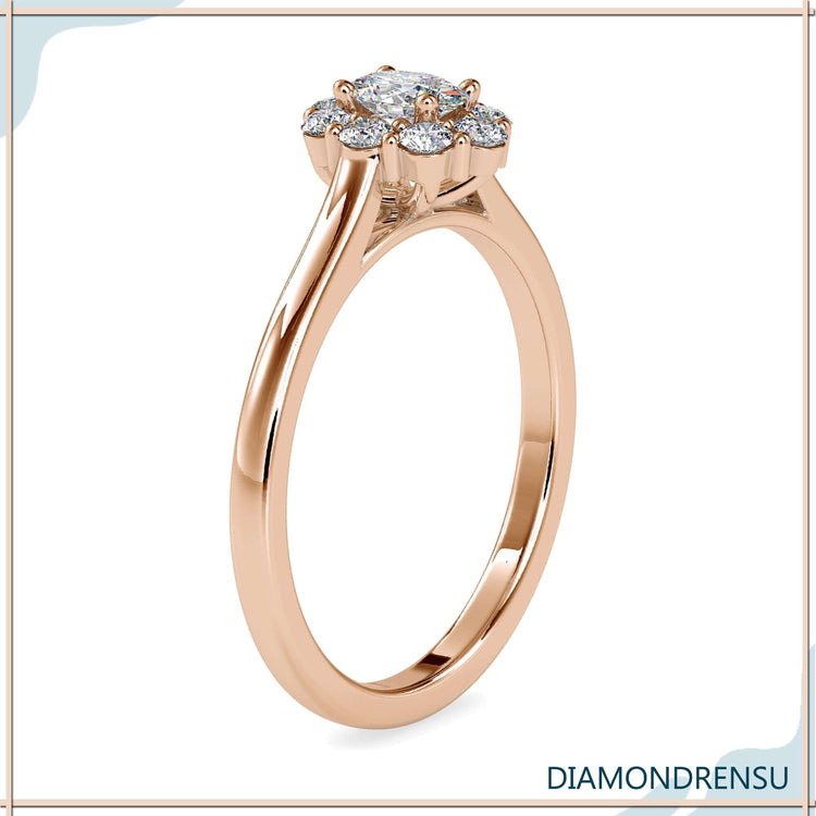 UK engagement ring with oval halo and lab grown diamonds.
