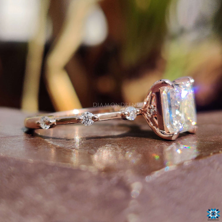 Distance pave band moissanite engagement ring.
