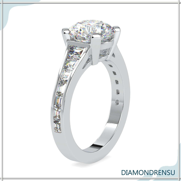Designer ring featuring channel setting in rose gold.
