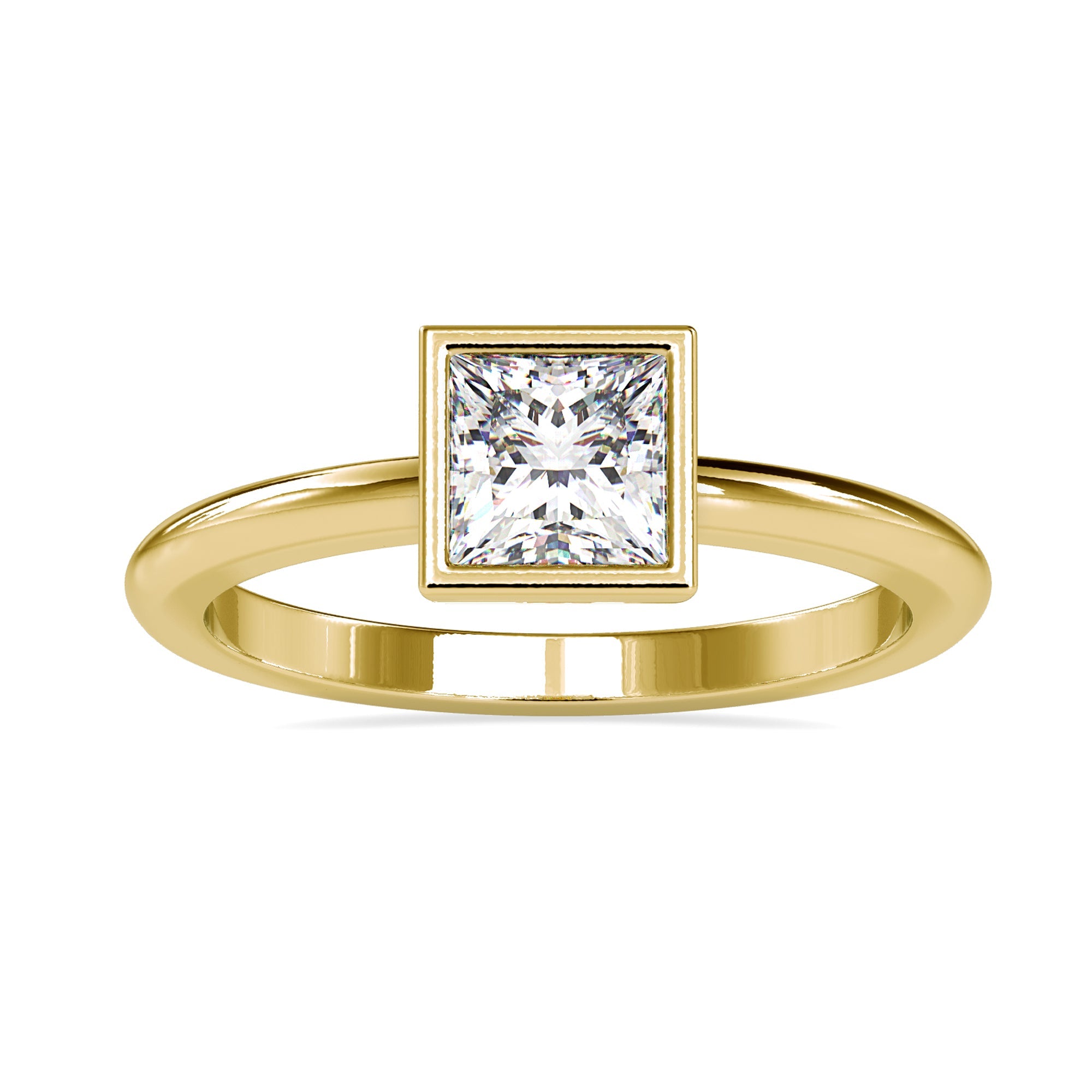 Exquisite princess cut engagement ring with a bezel design for modern elegance.
