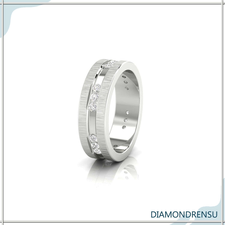 Buy wedding band with carved channel band and lab grown diamonds.

