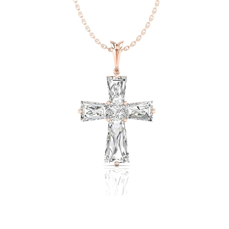 White gold pendant shaped as a cross with baguette side stones.
