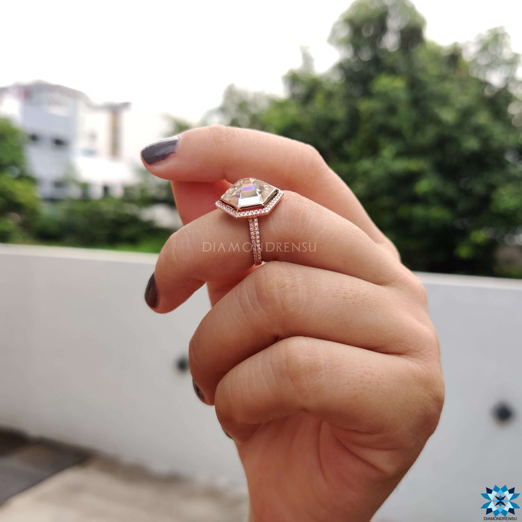 Custom moissanite ring featuring hexagon rose cut.

