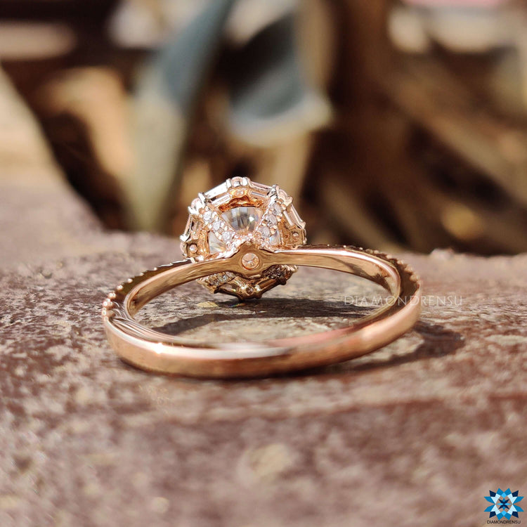 Round cut pave band rose gold engagement ring.

