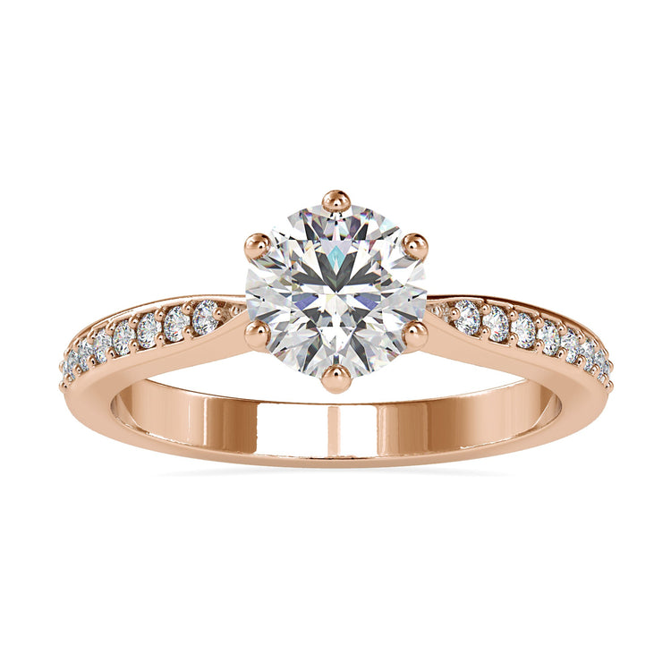 Custom design ring with round lab diamond and six prong setting.
