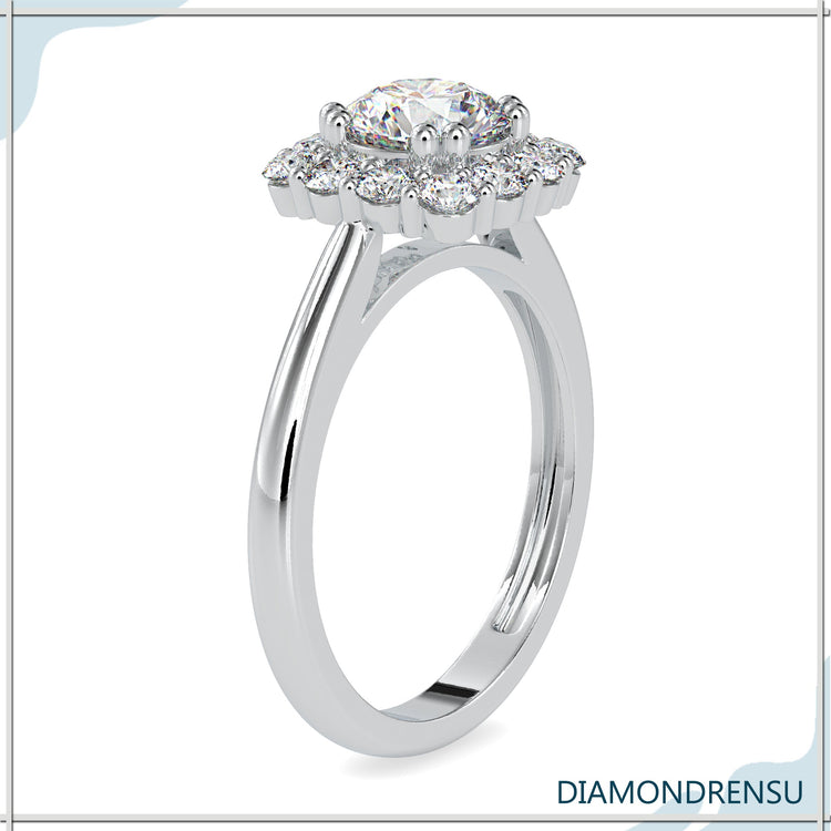 Lab grown diamond ring in yellow gold with simple halo design
