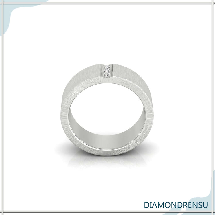 Buy mens wedding ring with brushed finish and three stone diamond wedding band.
