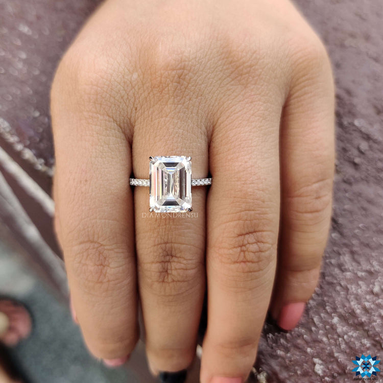 Diamondrensu UK moissanite ring with hidden halo and handmade finish.
