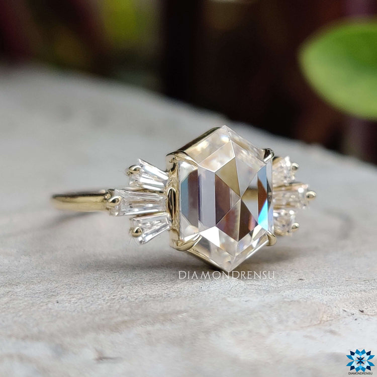 Custom rose cut moissanite ring with four claw prong setting.
