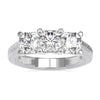 Three stone engagement ring diamond with radiant cut in prong setting.
