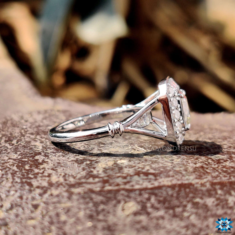 Moissanite halo ring with round cut halo setting.
