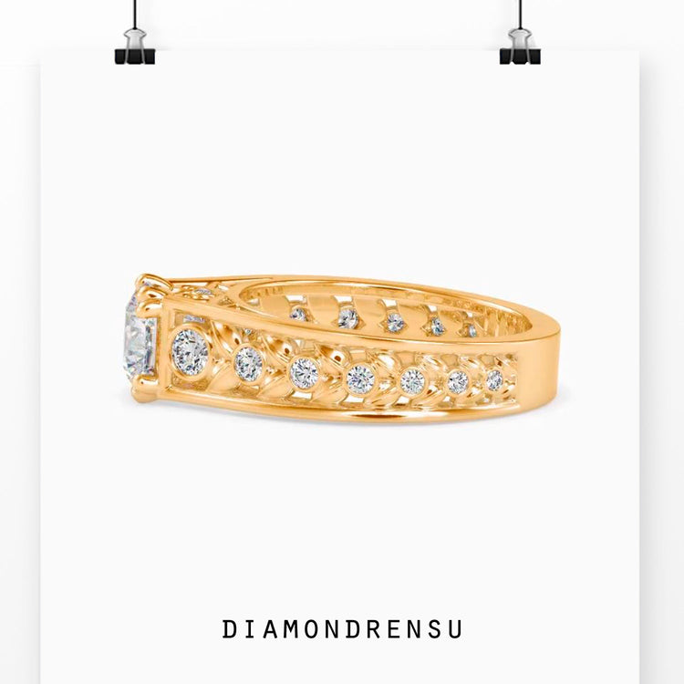 Lab grown diamond ring with vintage side stone design.
