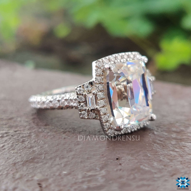 Vintage style moissanite ring with prong setting.
