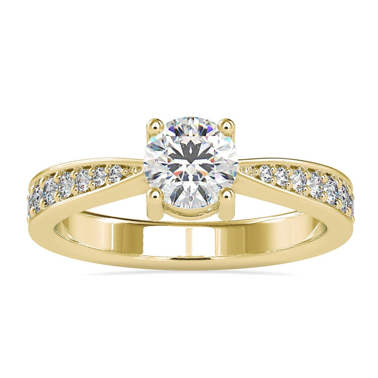 Round pave diamond ring set in polished white gold.
