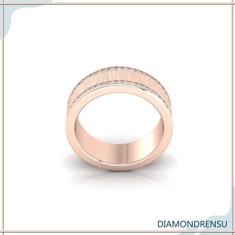 Mens satin finish wedding band with white gold design.
