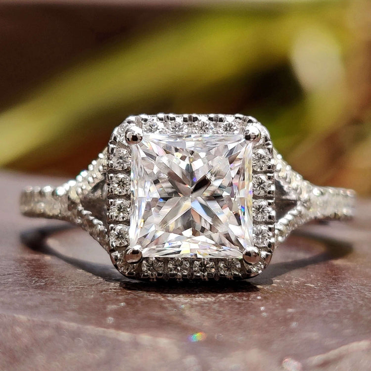 Princess cut moissanite halo ring.
