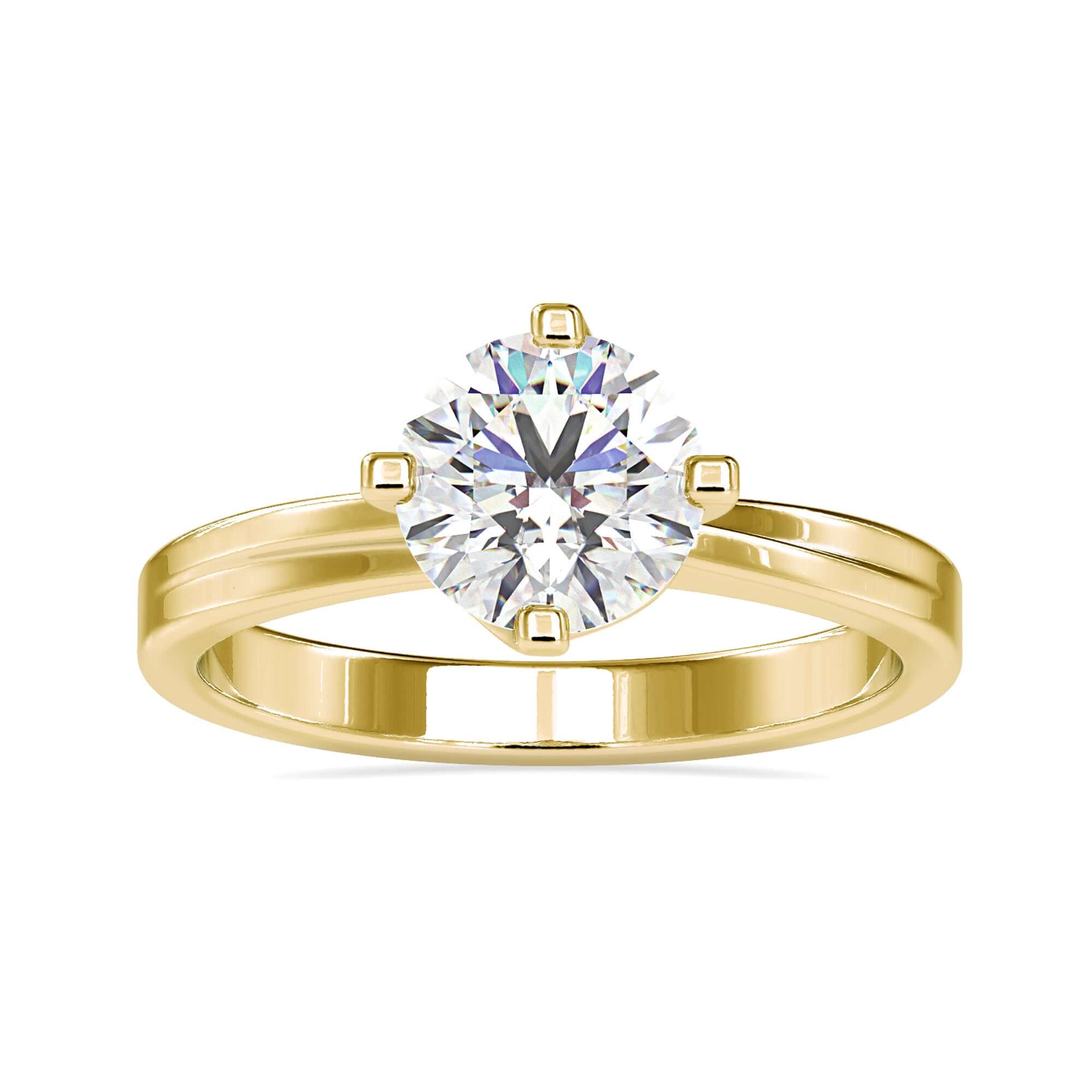 Round brilliant cut diamond ring with tab prongs for security.
