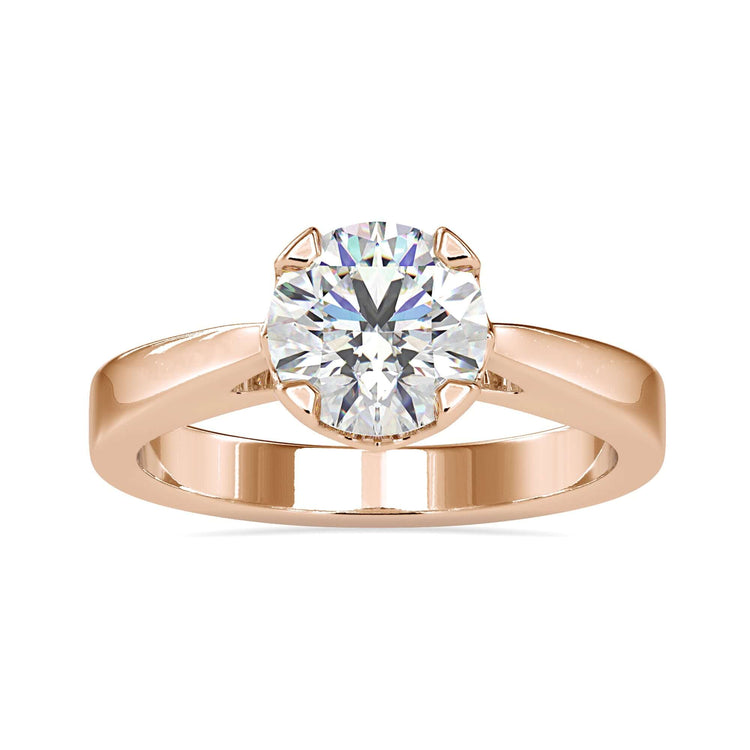 Lab grown diamond engagement ring with tapered band and handmade detail.
