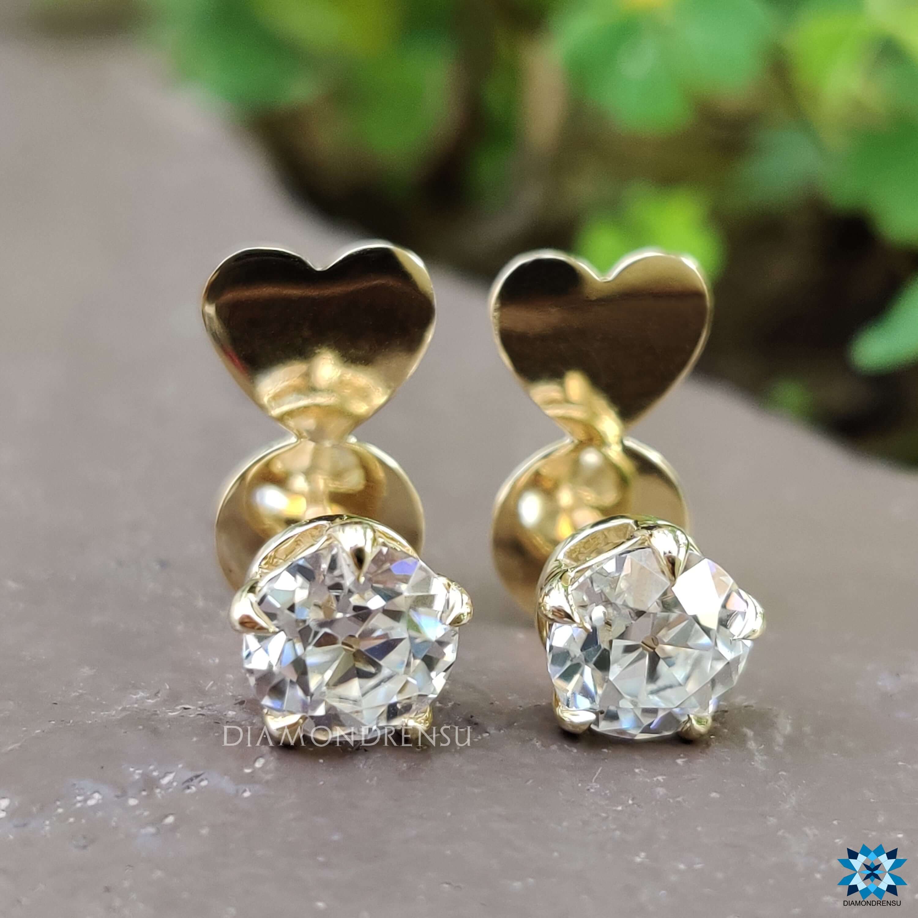 2.05 TCW Round Old European Cut Unique Heart Screw Back Moissanite Stud Earrings