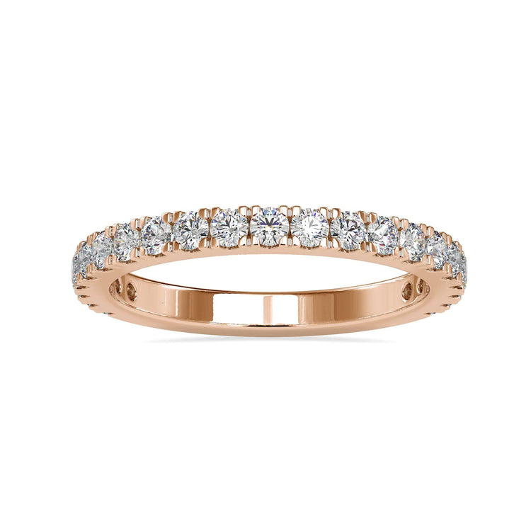 Rose gold 3/4 eternity band with prong set diamonds.
