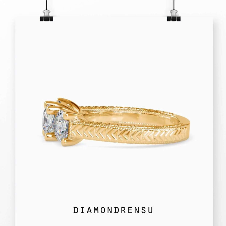 Yellow gold diamond ring with handmade band design.
