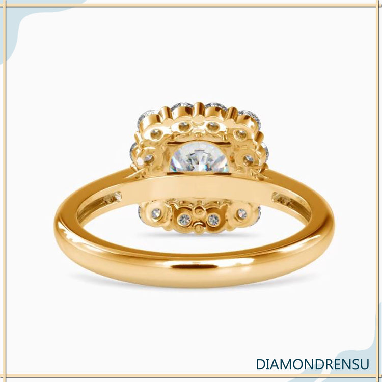 Round cut halo ring crafted in yellow gold by Diamondrensu UK
