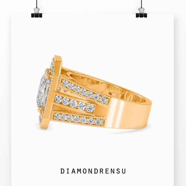 Rose gold diamond ring with vintage halo and custom design.
