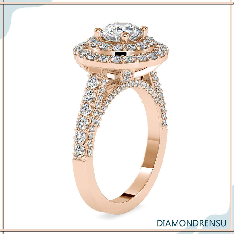 Custom design ring with pave band and double halo finish.
