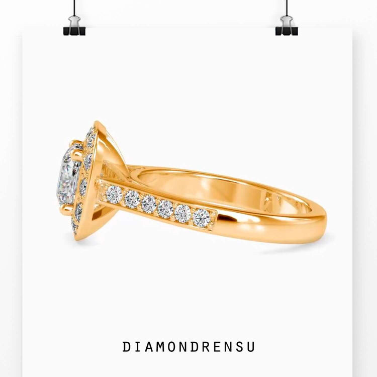 UK engagement ring featuring cushion cut halo and custom shank.
