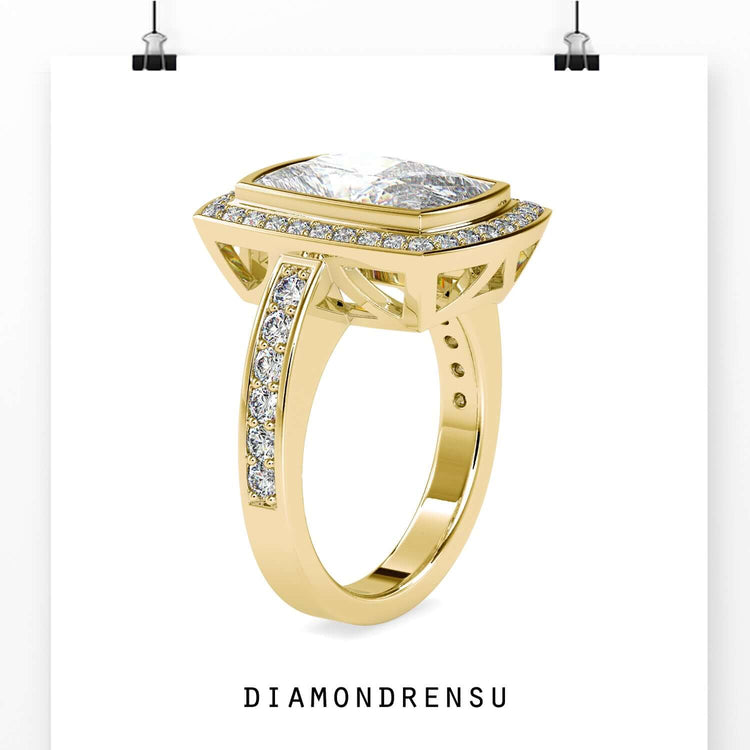 Custom design ring with elongated cushion and halo style.
