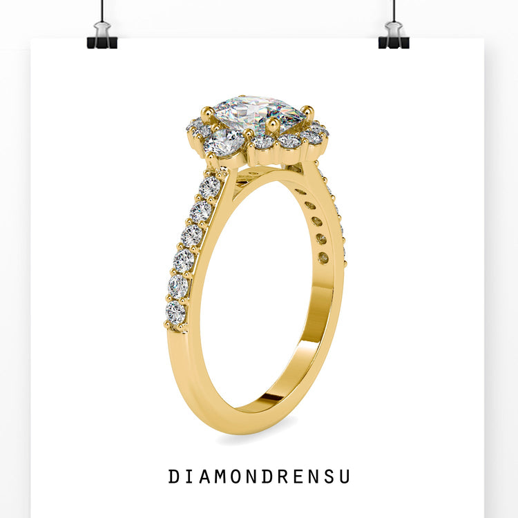 Buy diamond ring with gold oval diamond and round cut halo.
