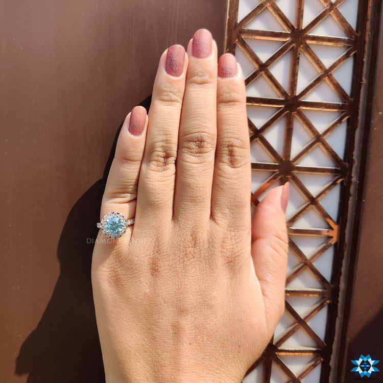 Buy moissanite ring in cathedral and pave setting.
