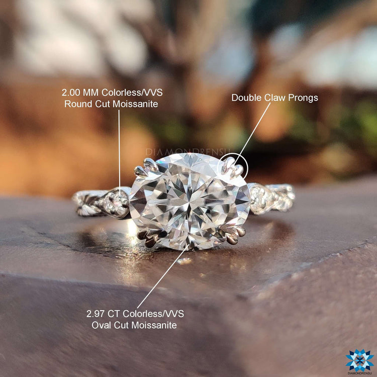 Round and oval cut elements combined in a custom milgrain ring.
