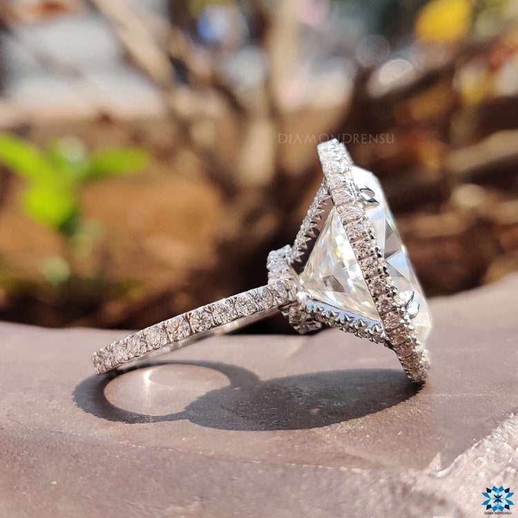White gold moissanite ring with hidden halo design.
