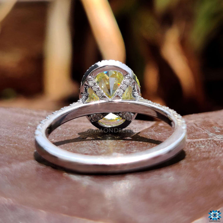 Elegant moissanite ring with yellow and white gold split shank.
